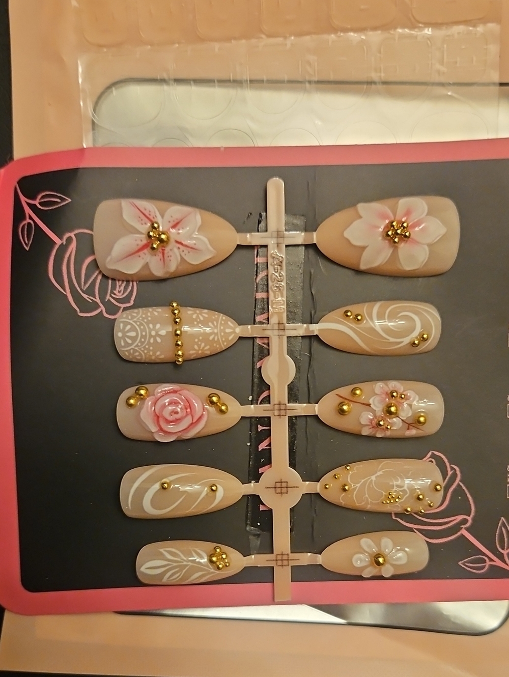 Floral Nude Pink Press-On Nail Set with Gold Accents
